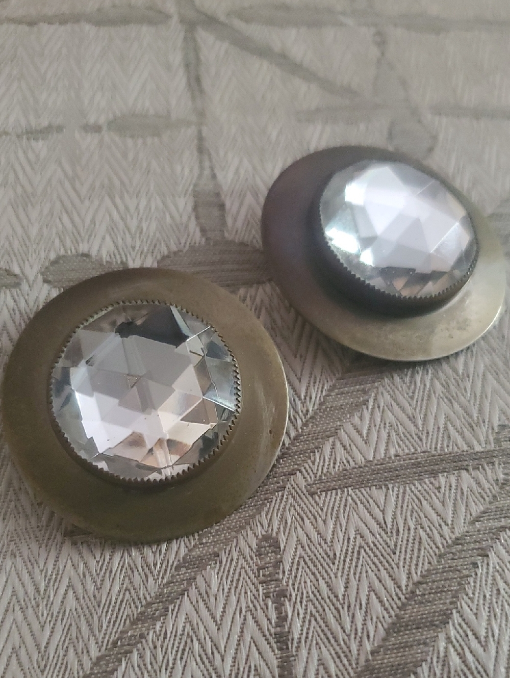 Earrings Vintage Round Faceted Crystal Button with Faux Antique Brass Accents